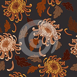 Autumn chrysanthemums and wilted leaves, seamless