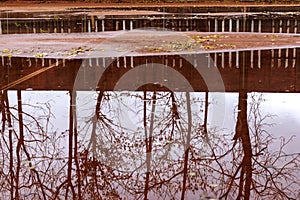 Autumn city background. Puddles on playground in rainy weather. Wet tennis court after rain