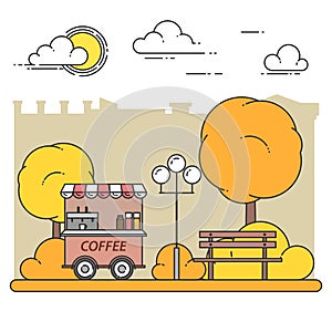 Autumn city landscape with bench, coffee truck in central park. Vector illustration. Line art.