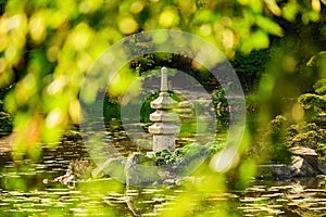 Autumn city park. Japanese garden in Wroclaw, Poland.