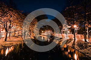 Autumn city park at night. Trees, river and street lights.