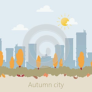 Autumn city with sky-scrapers silhouette and trees with orange and yellow autumnal leaves vector illustration. Autumn