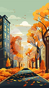 Autumn city with trees falling yellow leaves. Vector illustration