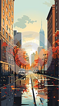 Autumn city with trees falling yellow leaves. Vector illustration