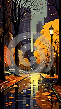 Autumn city with trees falling yellow leaves. Vector illustration