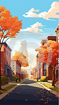 Autumn city with trees falling yellow leaves. Vector illustration