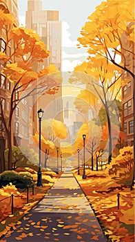 Autumn city with trees falling yellow leaves. Vector illustration