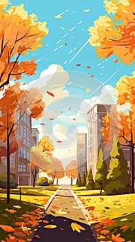 Autumn city with trees falling yellow leaves. Vector illustration