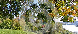 Autumn in the city. View of the river through the leaves of the trees.