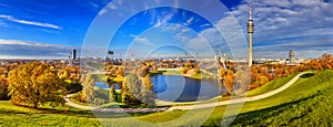 Autumn cityscape, panorama, banner - view of the Olympiapark and Olympic Lake in Munich