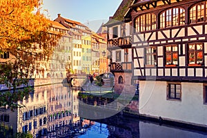 Autumn cityscape of Strasbourg with half-timbered houses. Alsace