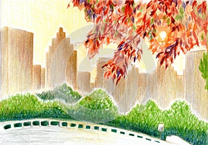 Autumn cityspace with park and colorful leaves