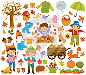 Autumn clipart set with kids and animals