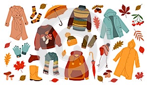 Autumn clothing. Casual wears, outdoor outfits, rainy season accessories, shoes, raincoats and gloves, warm sweaters and