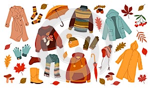 Autumn clothing. Casual wears, outdoor outfits, rainy season accessories, shoes, raincoats and gloves, warm sweaters and hats, photo