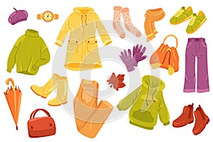 Autumn clothing cute stickers isolated set