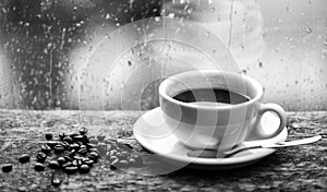 Autumn cloudy weather better with caffeine drink. Enjoying coffee on rainy day. Coffee morning ritual. Fresh brewed