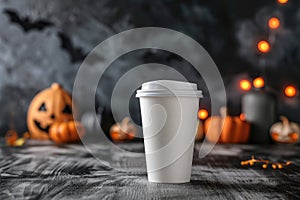 Autumn Coffee Concept: Pumpkin, Leaves, and Warm Beverage