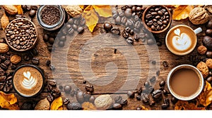 Coffee Cups and Beans on Wooden Background