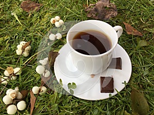 Autumn coffee: white cup with black coffee on a green background