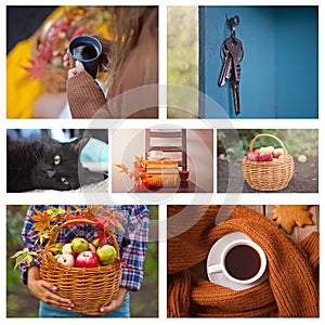 Autumn collage of seven photos. Hot cup of tea in a woman`s hand, basket with apples, old vintage keys, cute black cat, old books