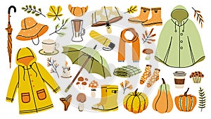 Autumn collection. Cartoon fall vibe icons, cozy clothing umbrella raincoat leaves and warm food elements for fall