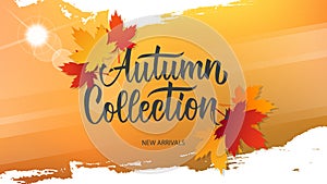 Autumn Collection promotional banner. Fall season new arrivals background with hand lettering and autumn leaves.