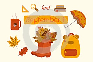 Autumn collection September 1. Set concept children are going to school in the fall. Umbrella, backpack, boots, autumn