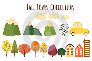 Autumn collection with trees, mountains, houses, car and clouds icons.