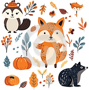 Autumn collection, woodland animals, Vegetation, foliage, harvest Thanksgiving festivity. Adorable fall animals fox