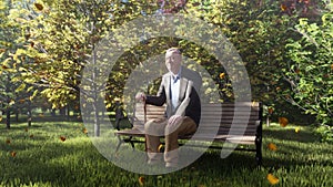 Autumn Color Park. View of colorful autumn trees on a Sunny autumn day. Old grandpa is sitting on a Park bench. Fly