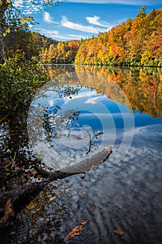 Autumn color surrounds mirror lake in fall