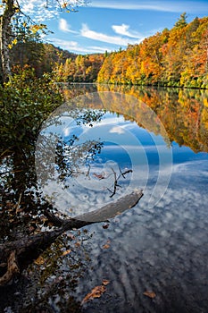 Autumn color surrounds mirror lake in fall