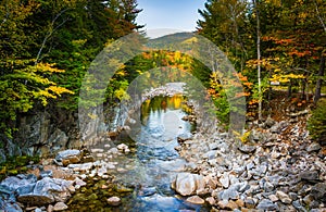 Otono a rápido un rio sobre el rocoso sobre el carretera en blanco montana Bosque nuevo 