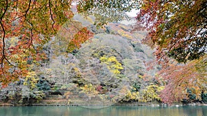 Autumn color view of Asashiyama mountain and Oigawa river in Kyoto, Japan