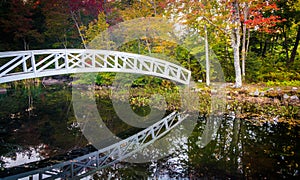 Autumn color and walking bridge over a pond in Somesville, Maine