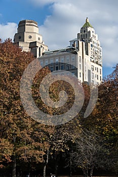 Autumn colored trees with buildings behind them