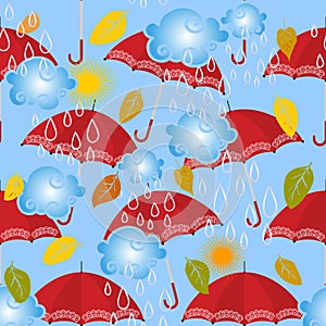 Autumn colorful cartoon vector seamless pattern. Ornamental abstract decorative background. Light blue sky, clouds, rain drops, r