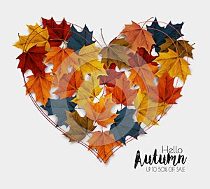 Autumn colorful forest leaves in the shape of a heart. Sale Frame