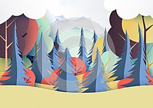 Autumn and colorful forest nature landscape paper art style