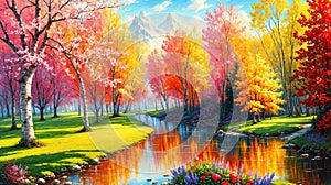 An autumn colorful landscape, beautiful orange red trees in the forest near river oil painting style illustration