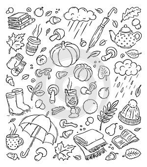 Autumn coloring doodles. Hand drawn set of sketches. Isolated objects on white background.