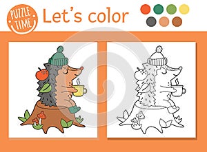Autumn coloring page for children. Cute funny hedgehog with cup of tea sitting on the tree stump. Vector fall season outline