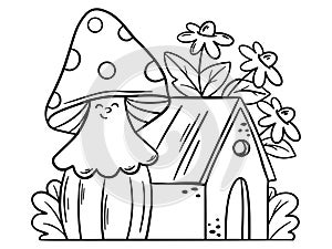 Autumn coloring page for kids. Outline illustration of mushroom and house. Cartoon magic building.