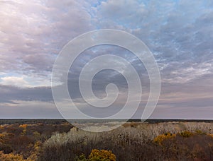 Autumn colors forest with grey cloudy sky