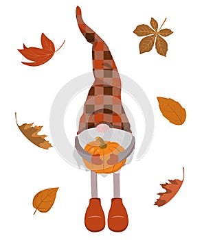 Autumn colors gnome with pumpkin and forest leaves on white background