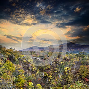 Autumn colors of Naruko Gorge in Japan and nice blue and cloud b