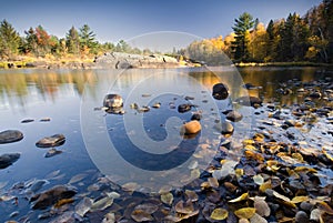 Autumn colors reflected in lake, Minnesota, USA photo