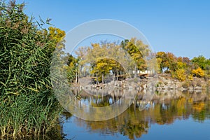 Autumn colors in sunny day on lake in city park. Landscape golden foliage.