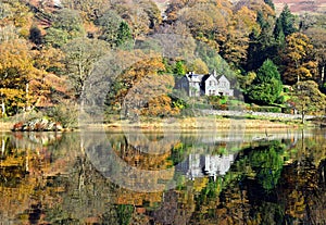 Autumn Colours and country house at Rydal Water, Lake District Cumbria UK 